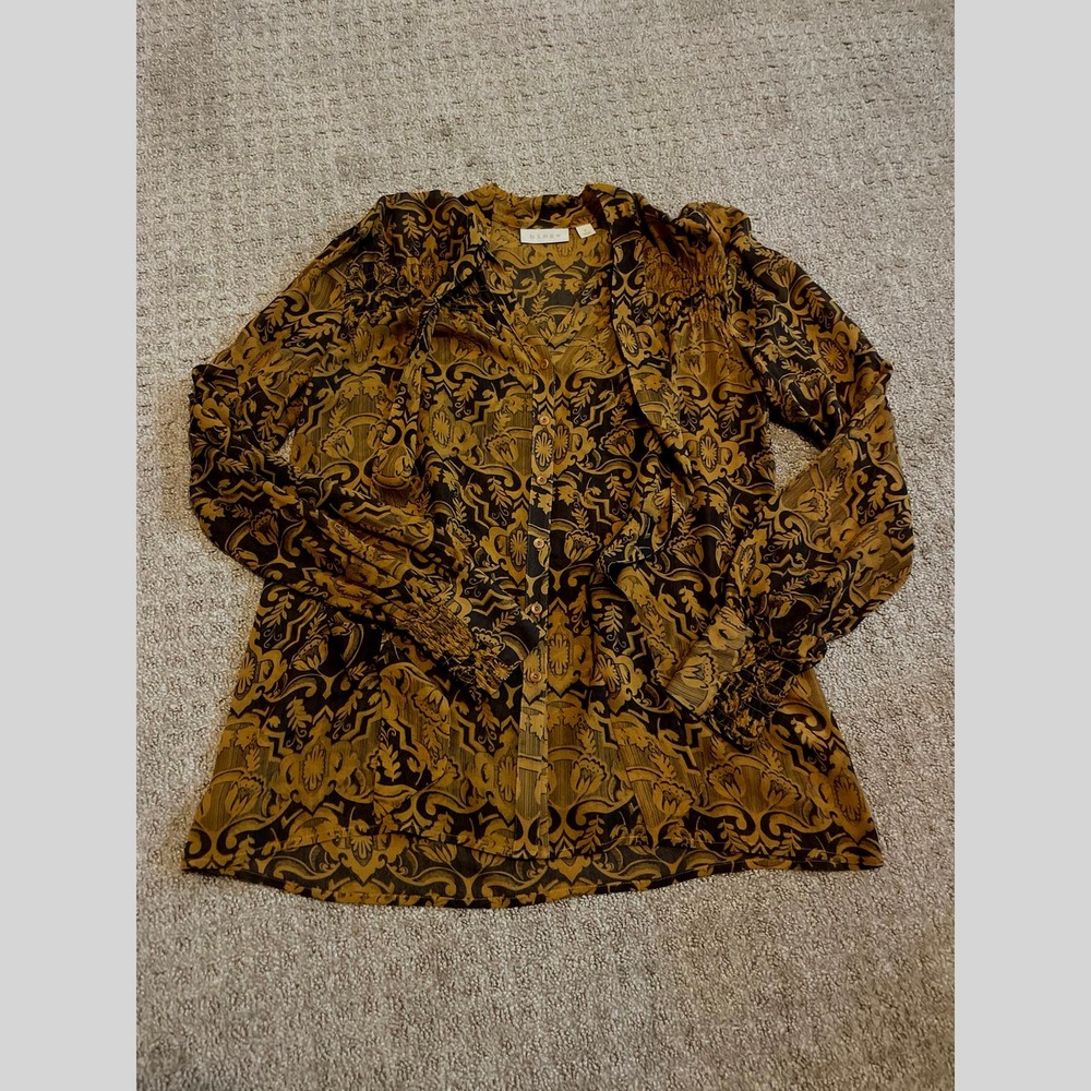Hinge Camel Brown & Black Floral Silk Button Down Blouse S